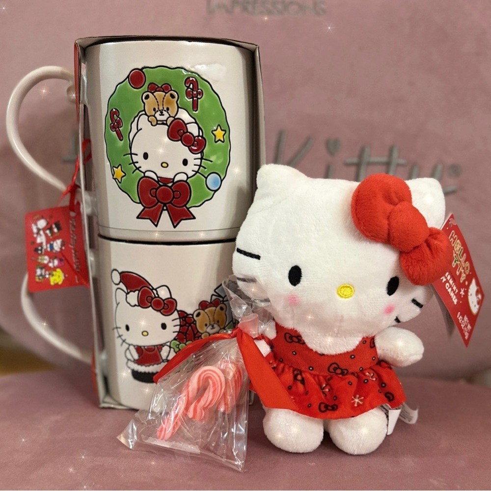 Hello Kitty Christmas Blue Sky Clayworks Mugs + Peppermint Plush Bundle